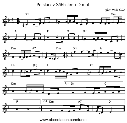 Polska av Säbb Jon i D moll - staff notation