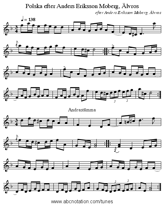 Polska efter Anders Eriksson Moberg, Älvros - staff notation