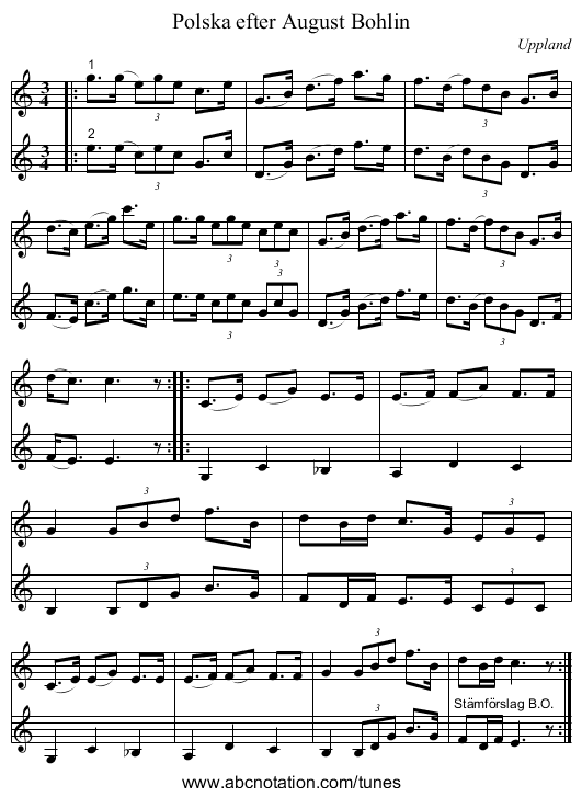 Polska efter August Bohlin - staff notation