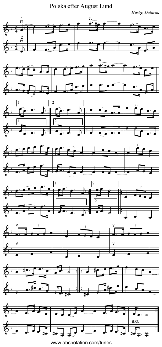 Polska efter August Lund - staff notation