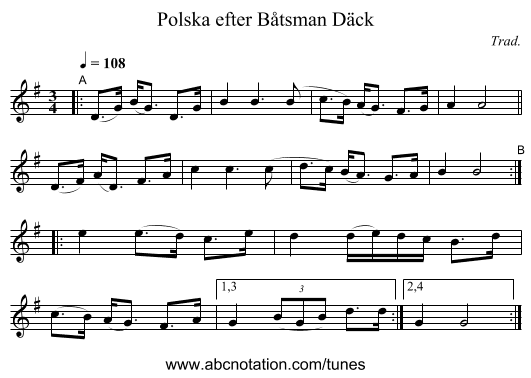 Polska efter B&aring;tsman D&auml;ck - staff notation
