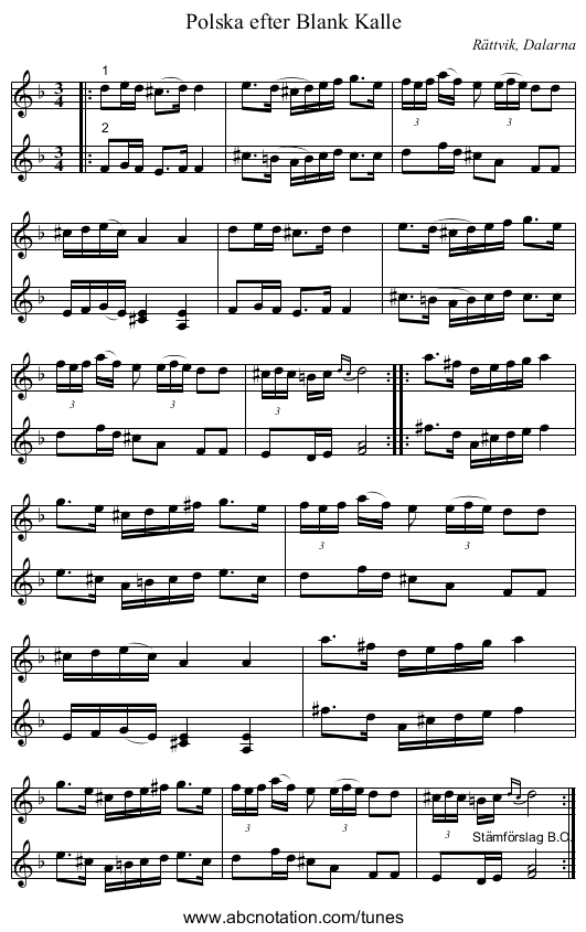 Polska efter Blank Kalle - staff notation