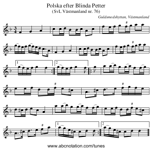 Polska efter Blinda Petter - staff notation
