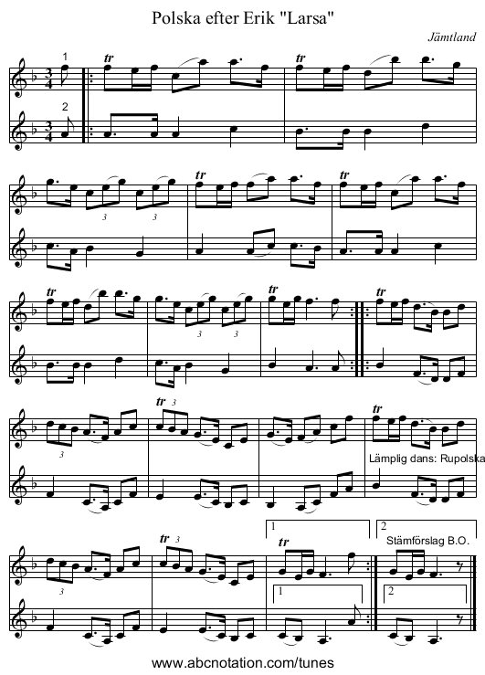 Polska efter Erik Larsa - staff notation