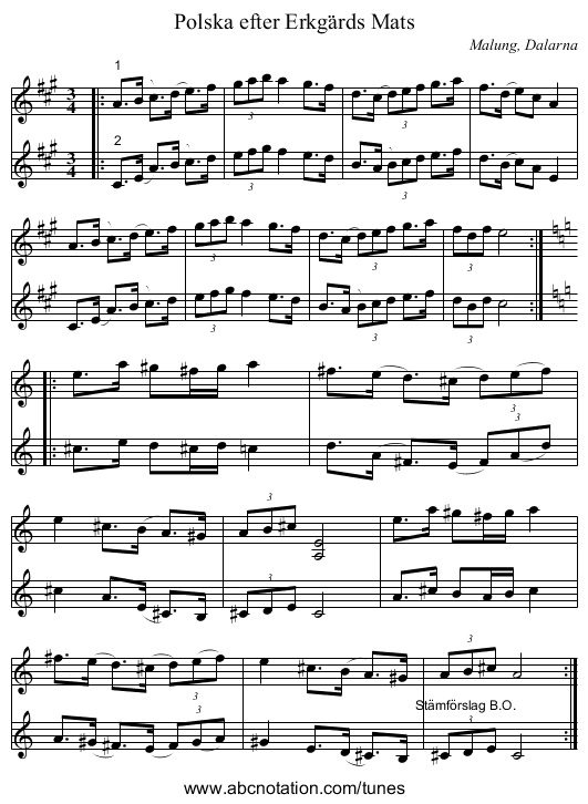 Polska efter Erkgärds Mats - staff notation