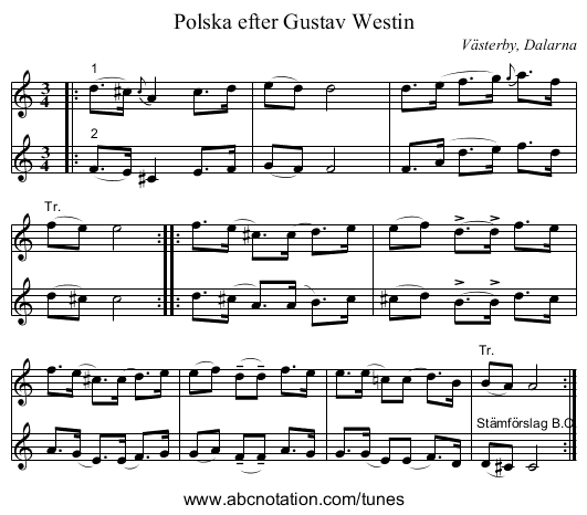 Polska efter Gustav Westin - staff notation