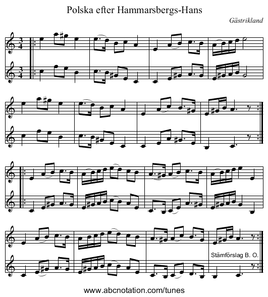 Polska efter Hammarsbergs-Hans - staff notation