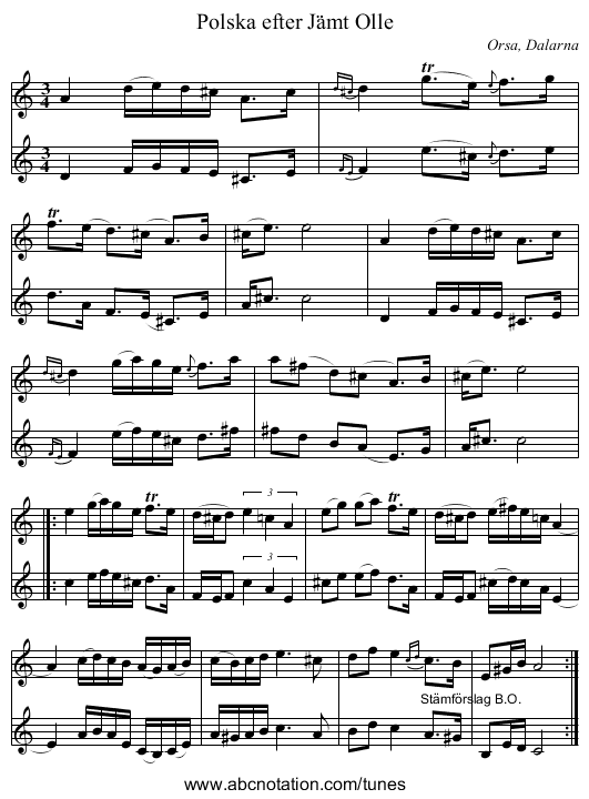 Polska efter Jämt Olle - staff notation
