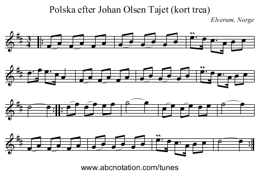 Polska efter Johan Olsen Tajet (kort trea) - staff notation