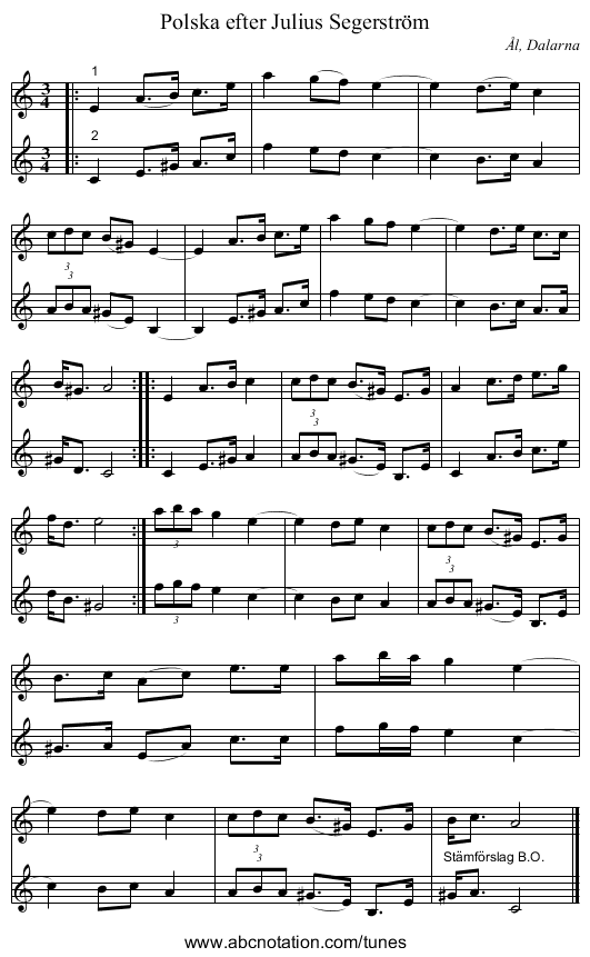 Polska efter Julius Segerström - staff notation