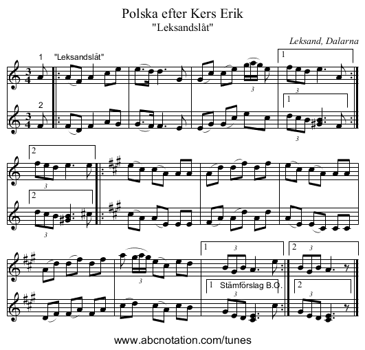 Polska efter Kers Erik - staff notation