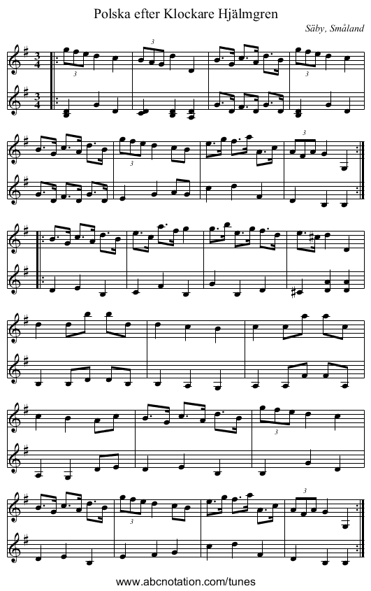 Polska efter Klockare Hjälmgren - staff notation