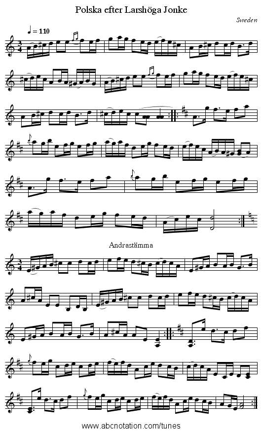 Polska efter Larshöga Jonke - staff notation