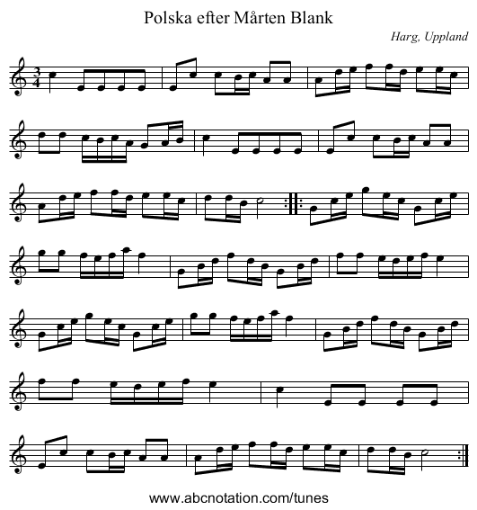 Polska efter Mårten Blank - staff notation