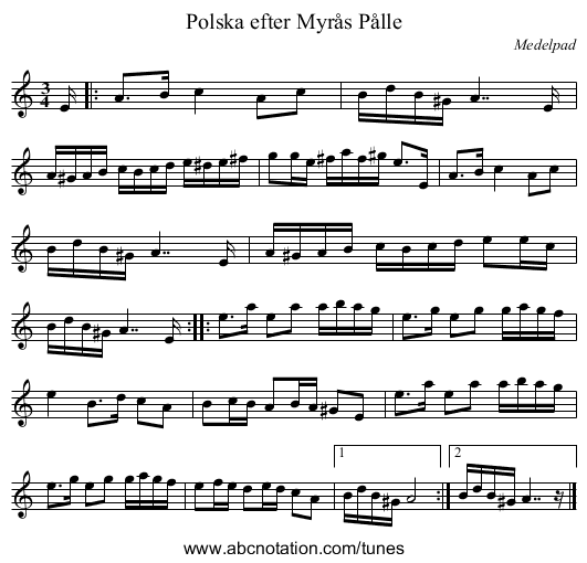 Polska efter Myrås Pålle - staff notation