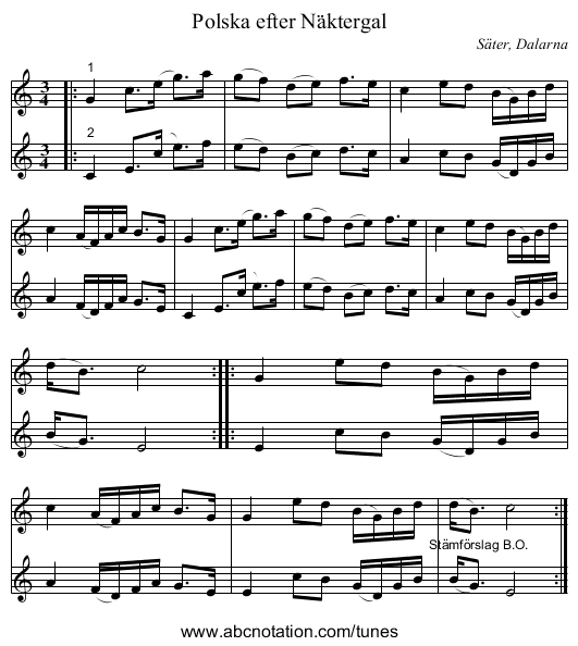 Polska efter Näktergal - staff notation