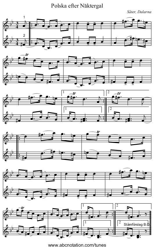 Polska efter Näktergal - staff notation
