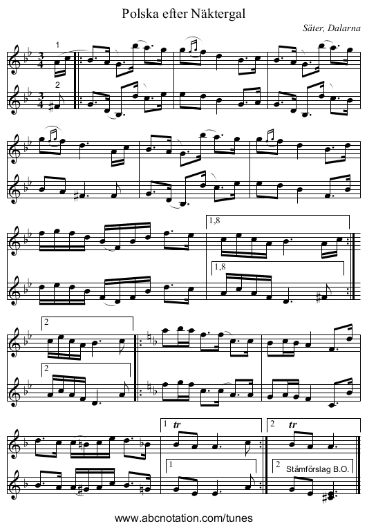 Polska efter Näktergal - staff notation