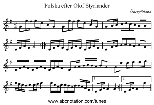 Polska efter Olof Styrlander - staff notation