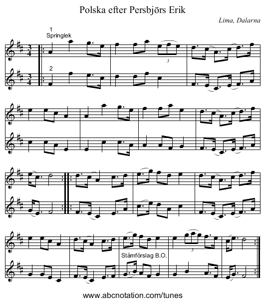 Polska efter Persbjörs Erik - staff notation