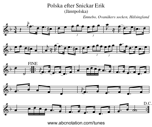Polska efter Snickar Erik - staff notation