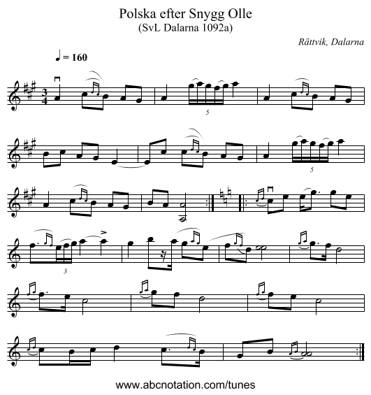 Polska efter Snygg Olle - staff notation
