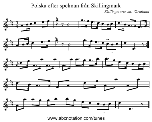 Polska efter spelman från Skillingmark - staff notation