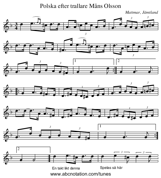Polska efter trallare Måns Olsson - staff notation