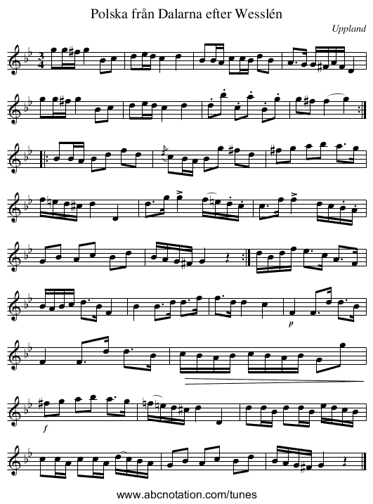 Polska från Dalarna efter Wesslén - staff notation