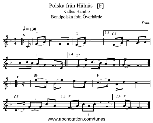 Polska fr&aring;n H&aring;ln&auml;s   [F] - staff notation