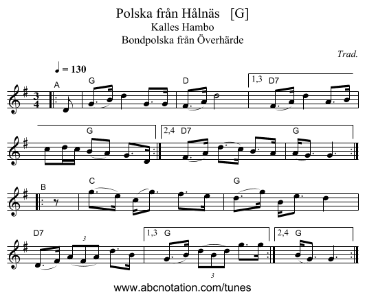 Polska fr&aring;n H&aring;ln&auml;s   [G] - staff notation