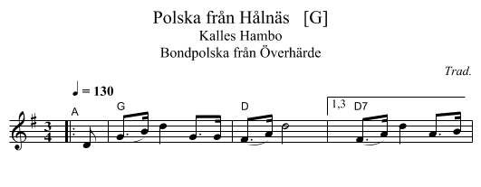 Polska fr&aring;n H&aring;ln&auml;s   [G] - staff notation