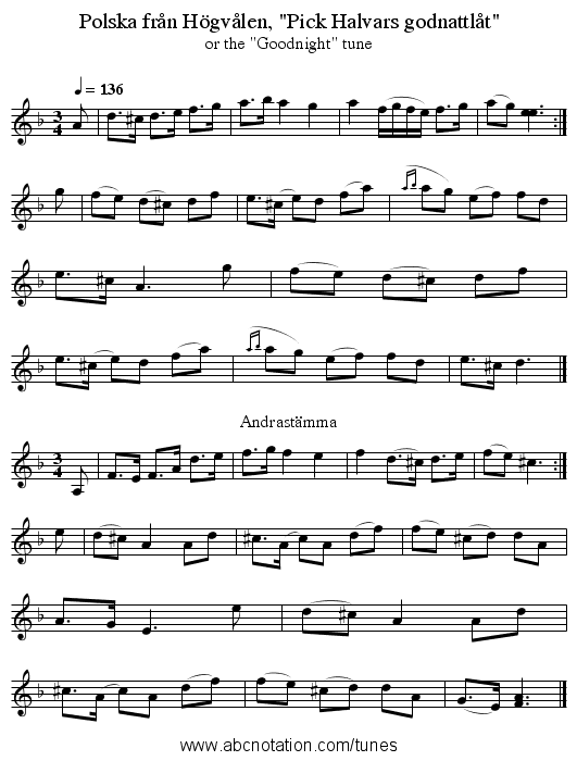 Polska från Högvålen, Pick Halvars godnattlåt - staff notation