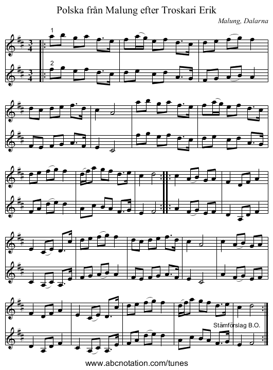 Polska från Malung efter Troskari Erik - staff notation