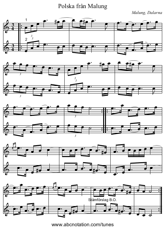 Polska från Malung - staff notation