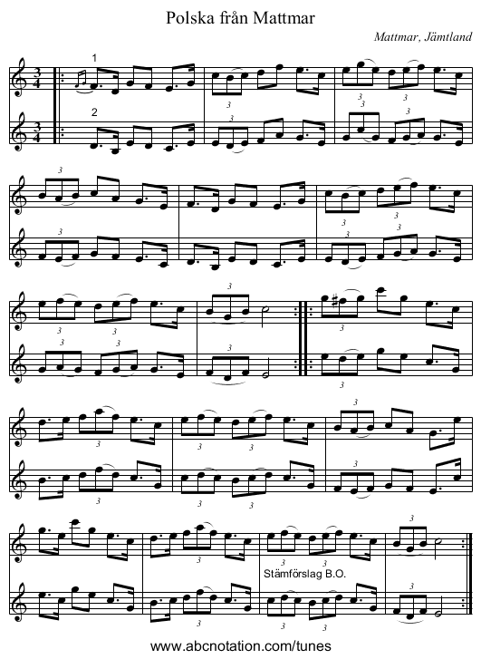 Polska från Mattmar - staff notation