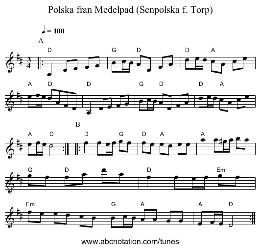 Polska fran Medelpad (Senpolska f. Torp) - staff notation