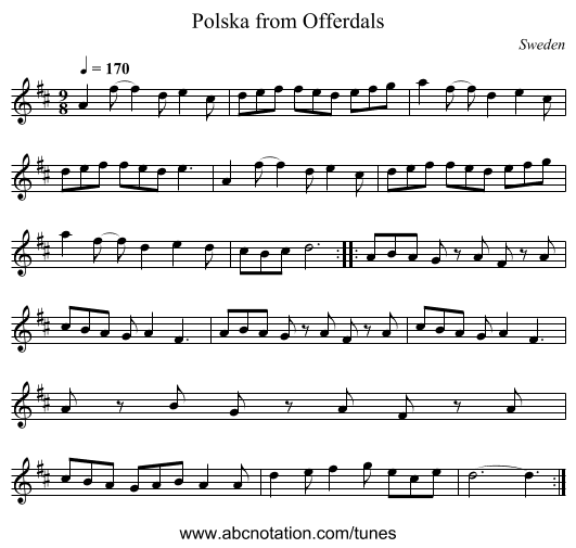 Polska from Offerdals - staff notation