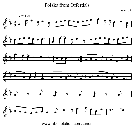 Polska from Offerdals - staff notation