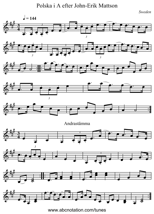 Polska i A efter John-Erik Mattson - staff notation