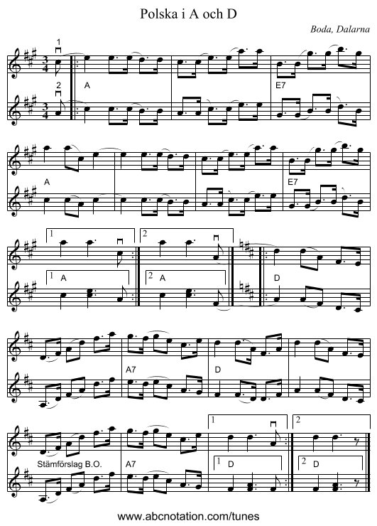 Polska i A och D - staff notation