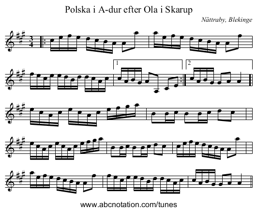 Polska i A-dur efter Ola i Skarup - staff notation