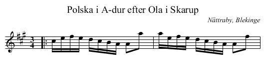 Polska i A-dur efter Ola i Skarup - staff notation