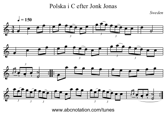 Polska i C efter Jonk Jonas - staff notation
