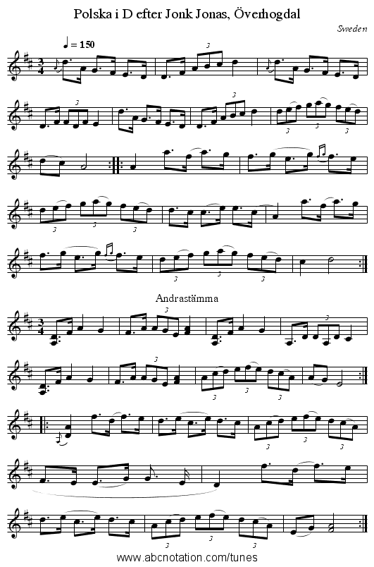 Polska i D efter Jonk Jonas, Överhogdal - staff notation