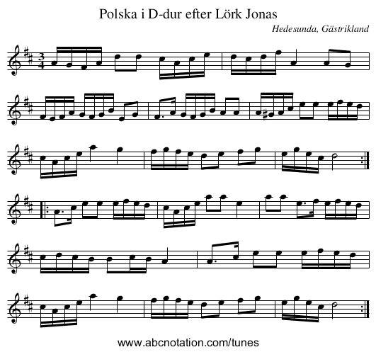 Polska i D-dur efter Lörk Jonas - staff notation