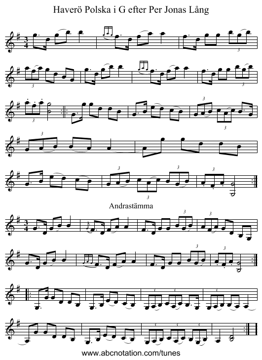 Polska i G efter Per Jonas Lång, Haverö - staff notation