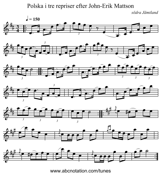 Polska i tre repriser efter John-Erik Mattson - staff notation