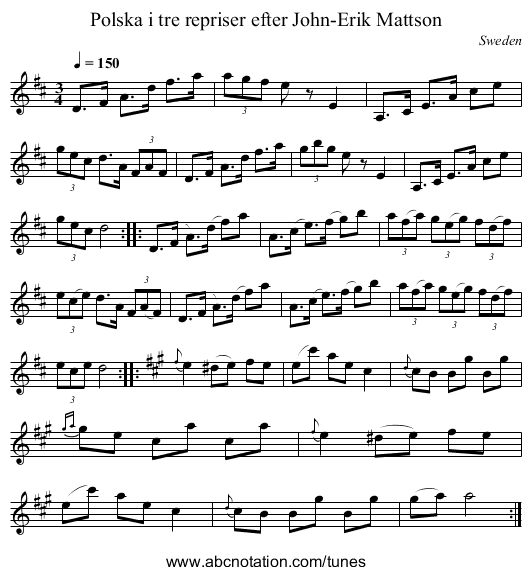 Polska i tre repriser efter John-Erik Mattson - staff notation