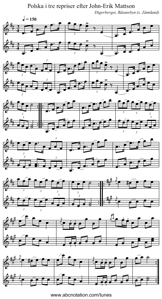 Polska i tre repriser efter John-Erik Mattson - staff notation